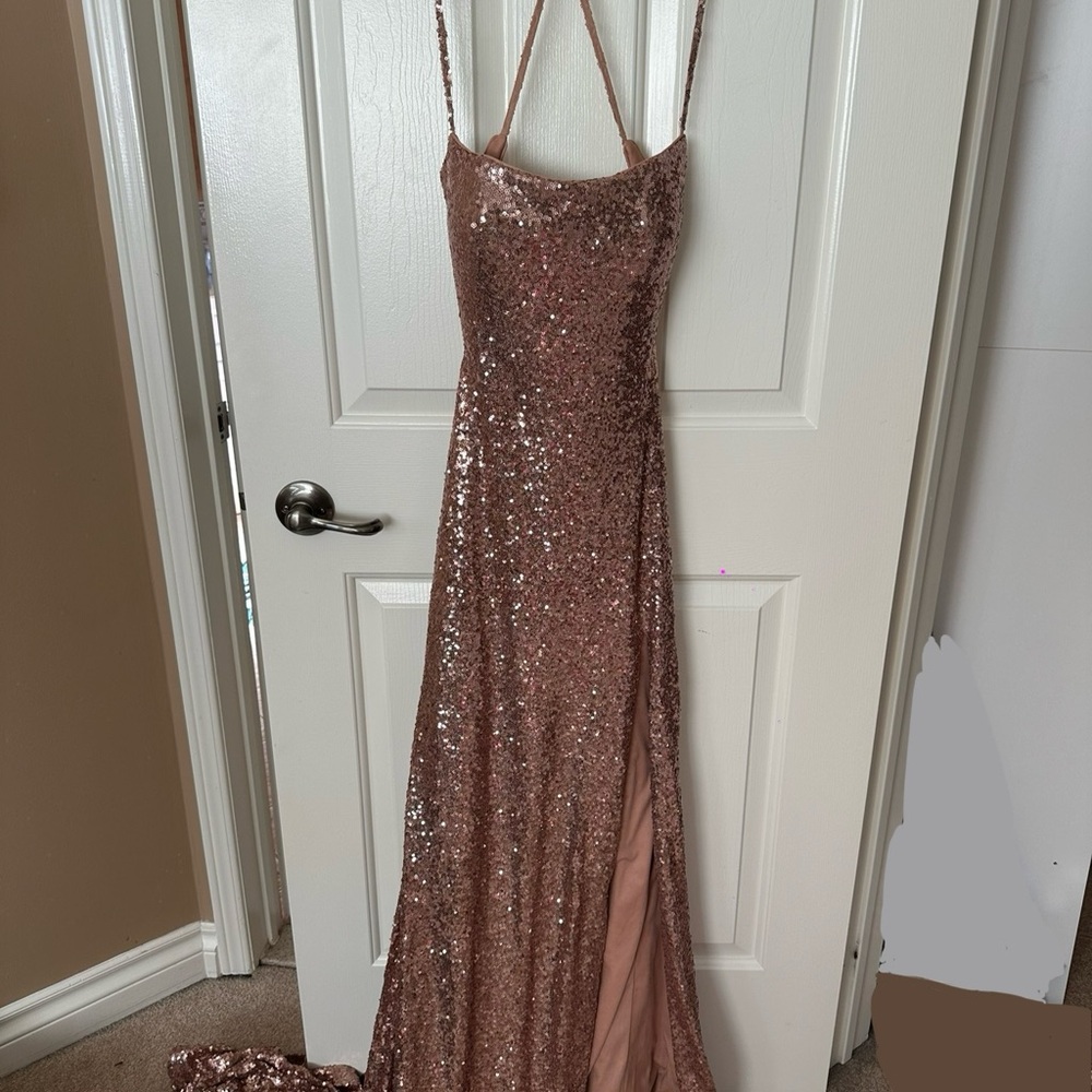 La femme rose gold prom dress